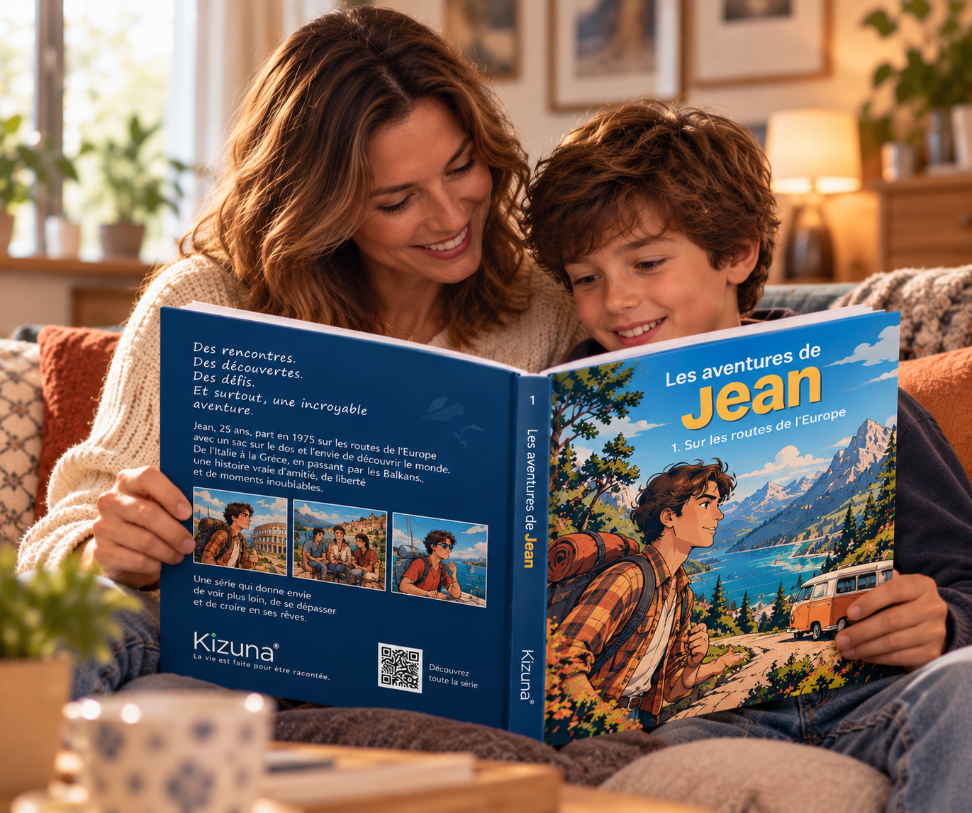 Une mère et son fils découvrent ensemble le livre illustré Les aventures de Jean
