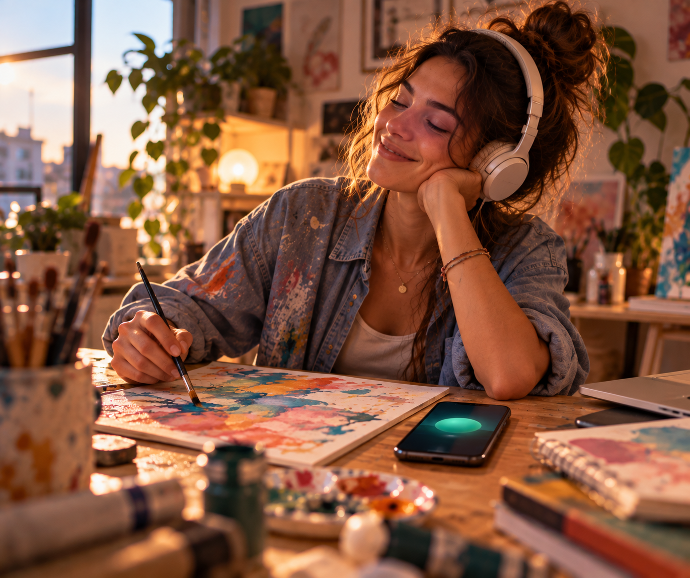 Une jeune femme crée dans son atelier, casque sur les oreilles, son téléphone posé près d'elle montrant Emma