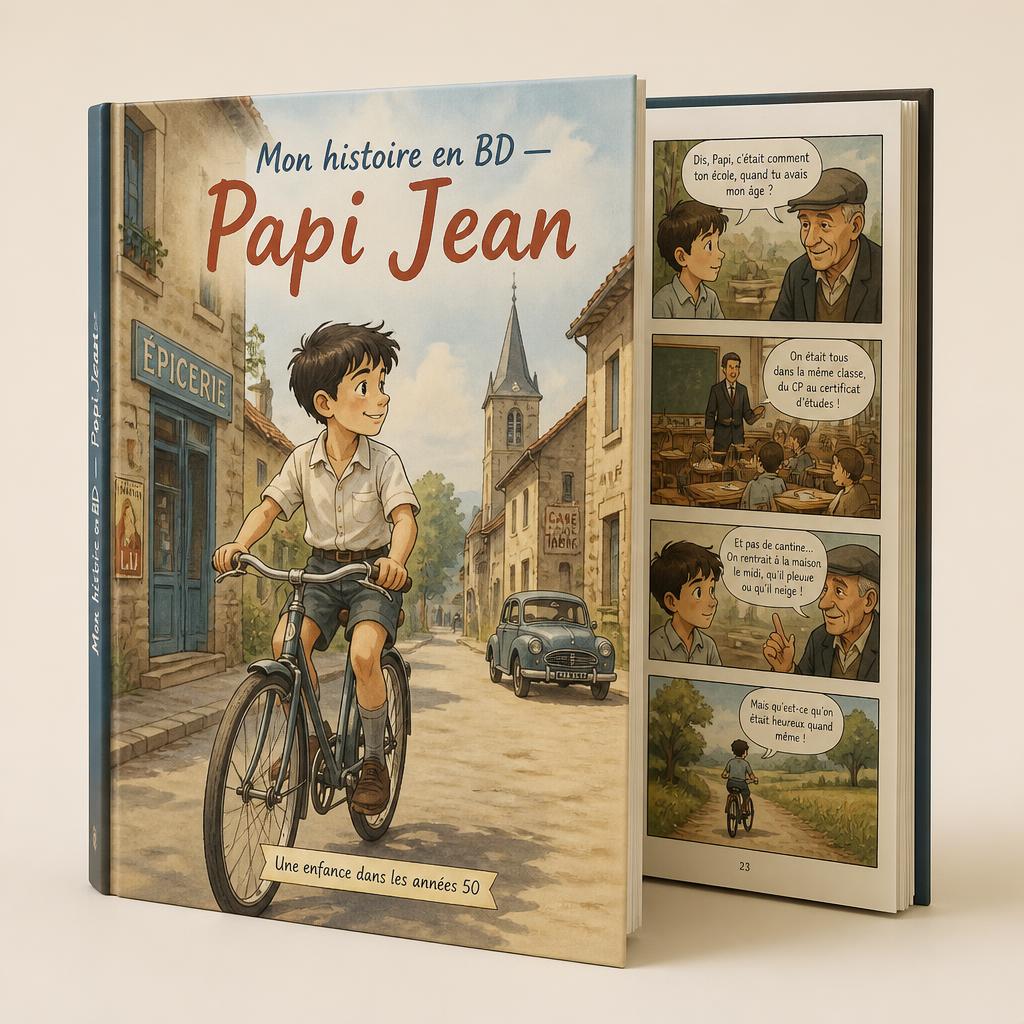 Bande dessinée ouverte illustrant les souvenirs d'une vie
