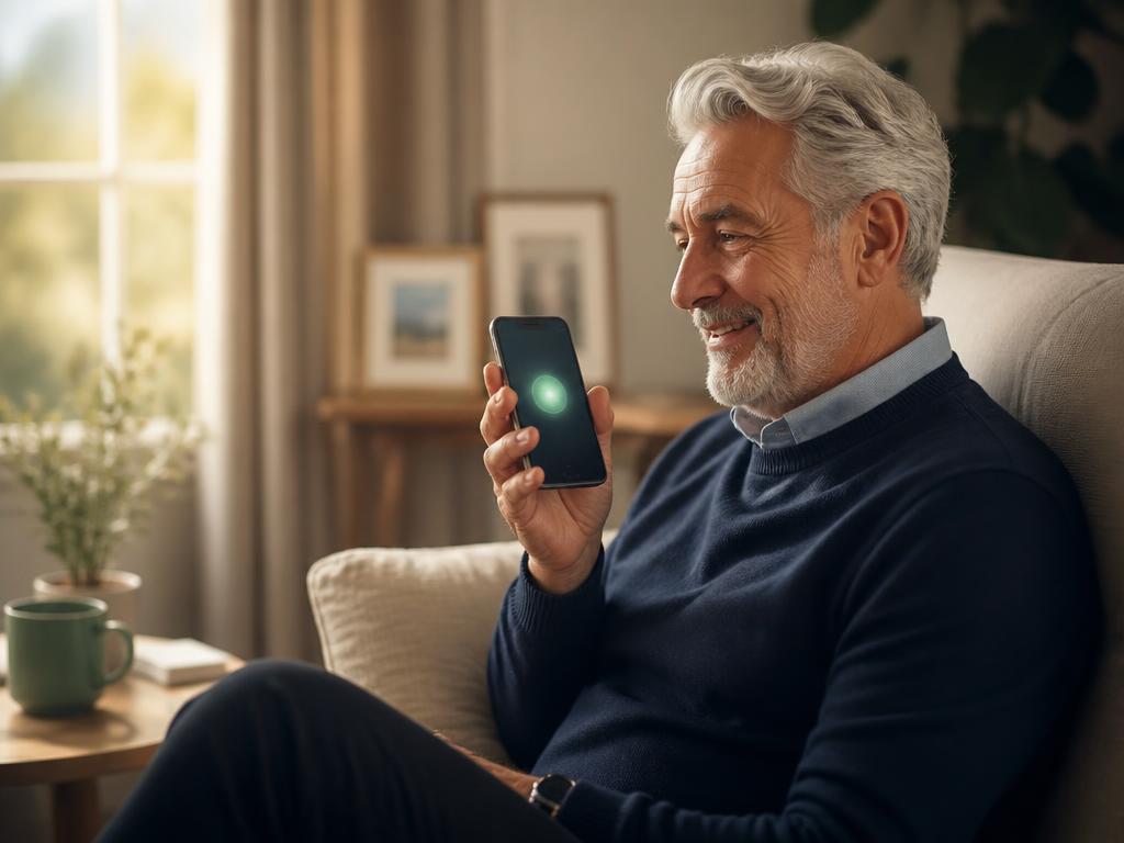 Un senior découvre Emma sur son téléphone, la boule verte lumineuse à l'écran