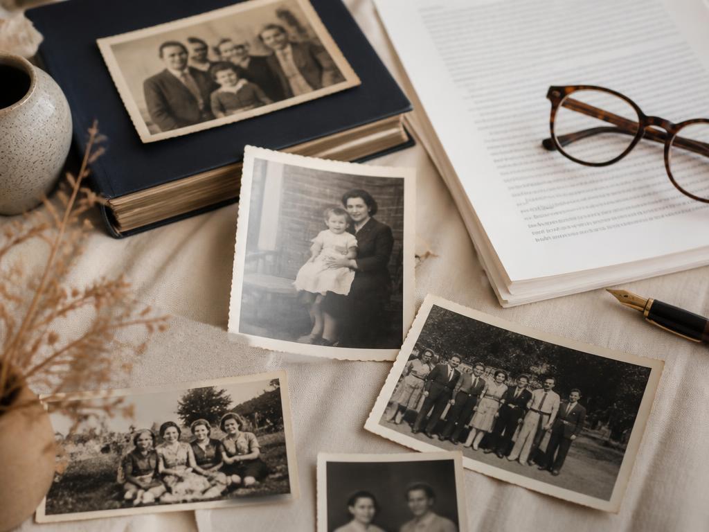 Photographies de famille en noir et blanc posées à côté des pages du manuscrit