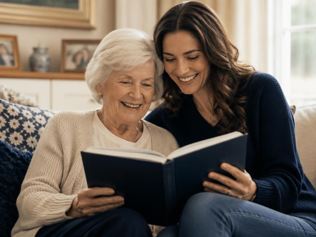 Une grand-mère et sa fille découvrent ensemble le livre de vie relié bleu nuit