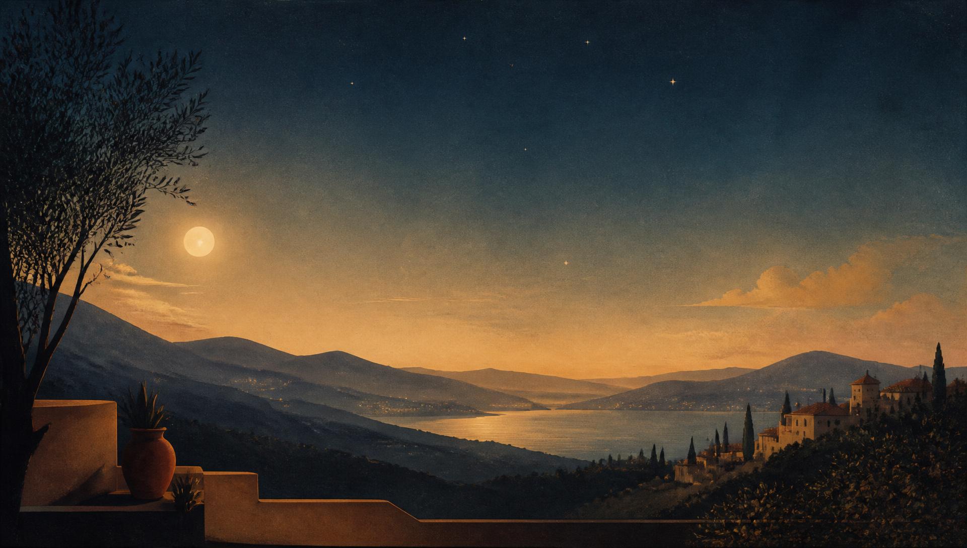 Paysage nocturne paisible baigné d'une lumière chaude
