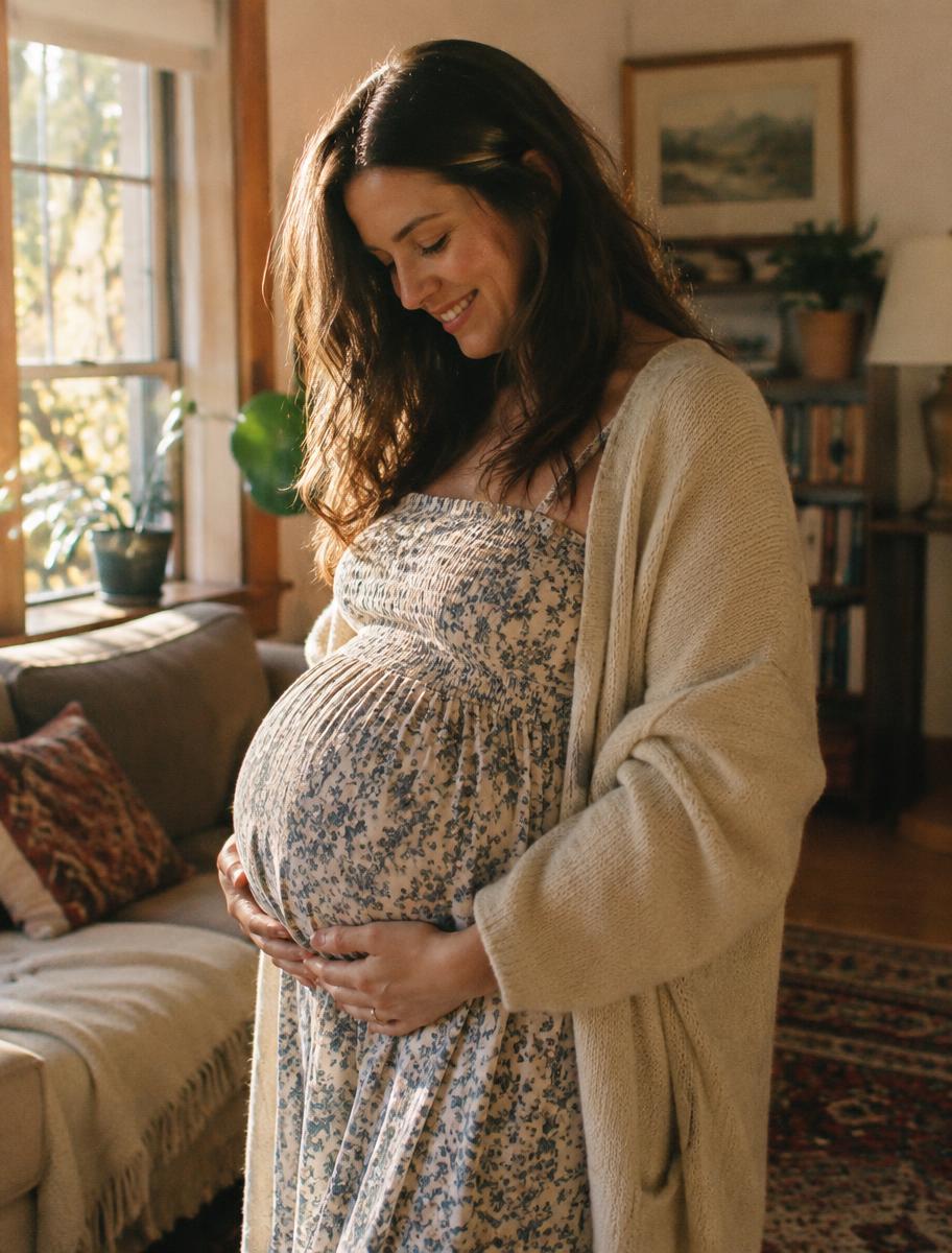 Une femme enceinte, épanouie, pose les mains sur son ventre