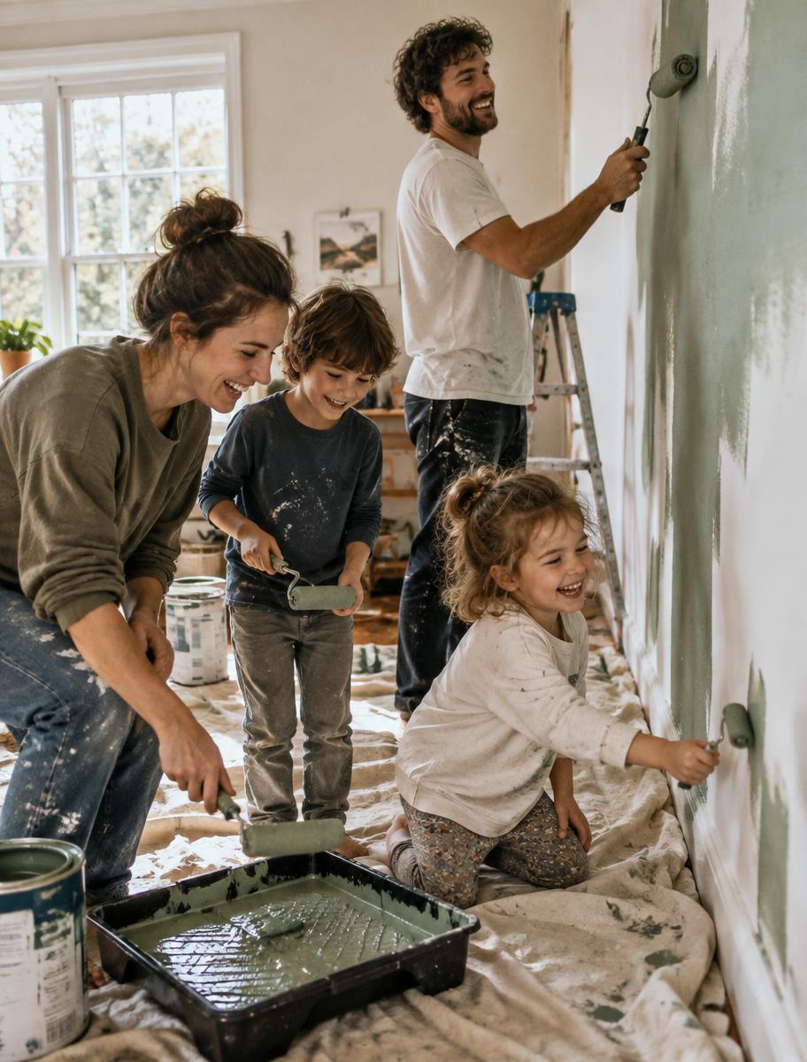 Une famille avec ses deux enfants peint les murs et rénove sa maison