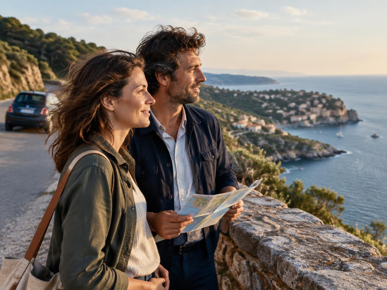 Un couple en voyage regarde la mer