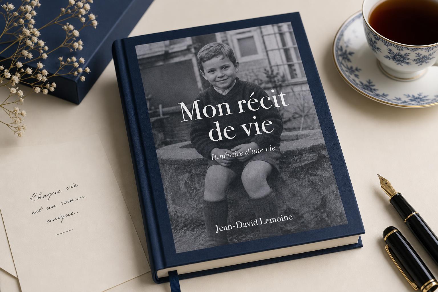 Livre de vie relié, couverture bleu nuit avec photographie d'archive