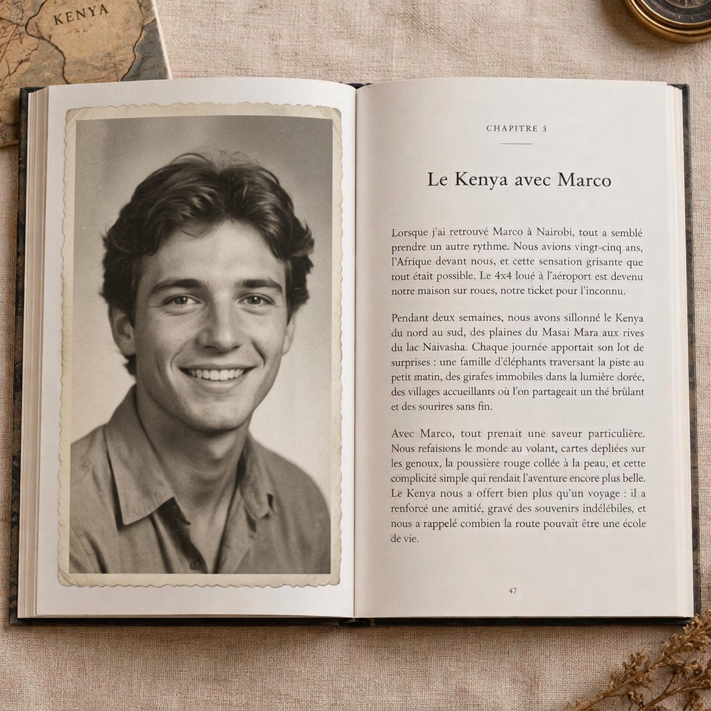 Livre ouvert avec un portrait noir et blanc et le texte d'un chapitre