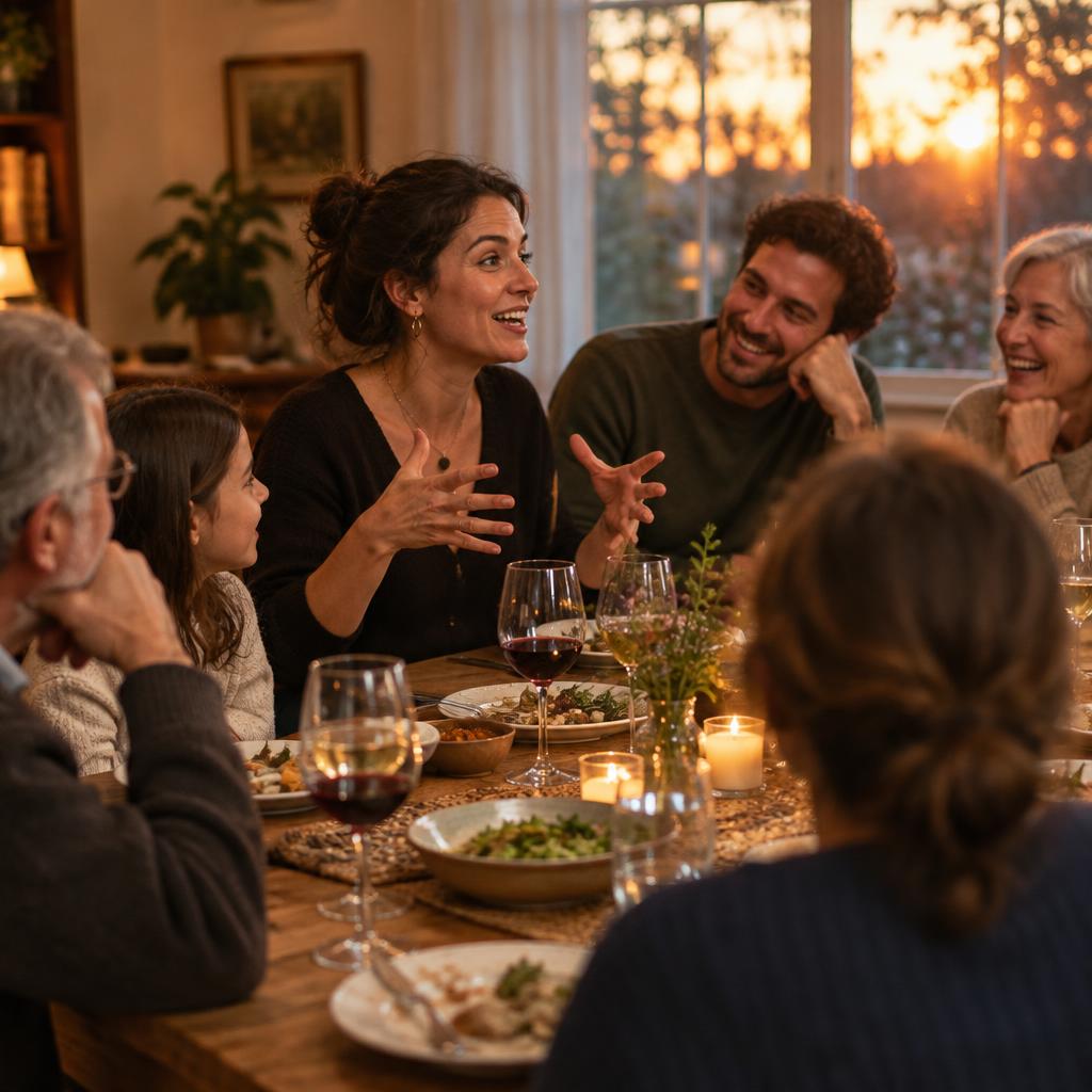 Une femme raconte son histoire à sa famille autour d'une table
